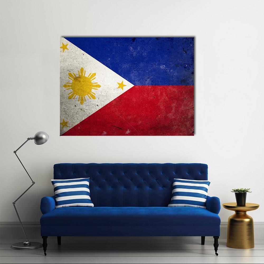 Weathered Philippines Flag Canvas Wall Art in white, red and blue, single panel hung on a wall