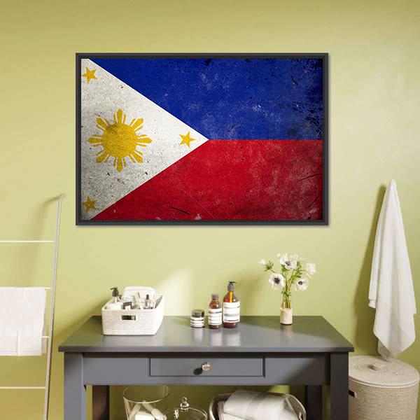 Vintage Philippine Flag with Sun and Stars Canvas Wall Art in white, red and blue, framed canvas, product view on a white background