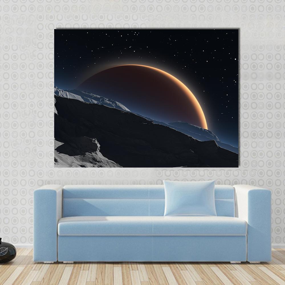 Phobos and the Red Planet Mars Canvas Wall Art in black, red and orange, single panel hung on a wall