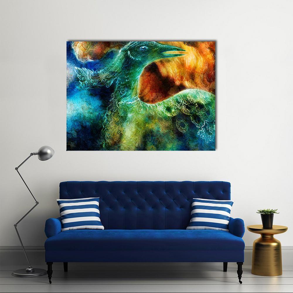 Teal and Orange Phoenix Collage Canvas Wall Art in orange, green and blue, single panel hung on a wall