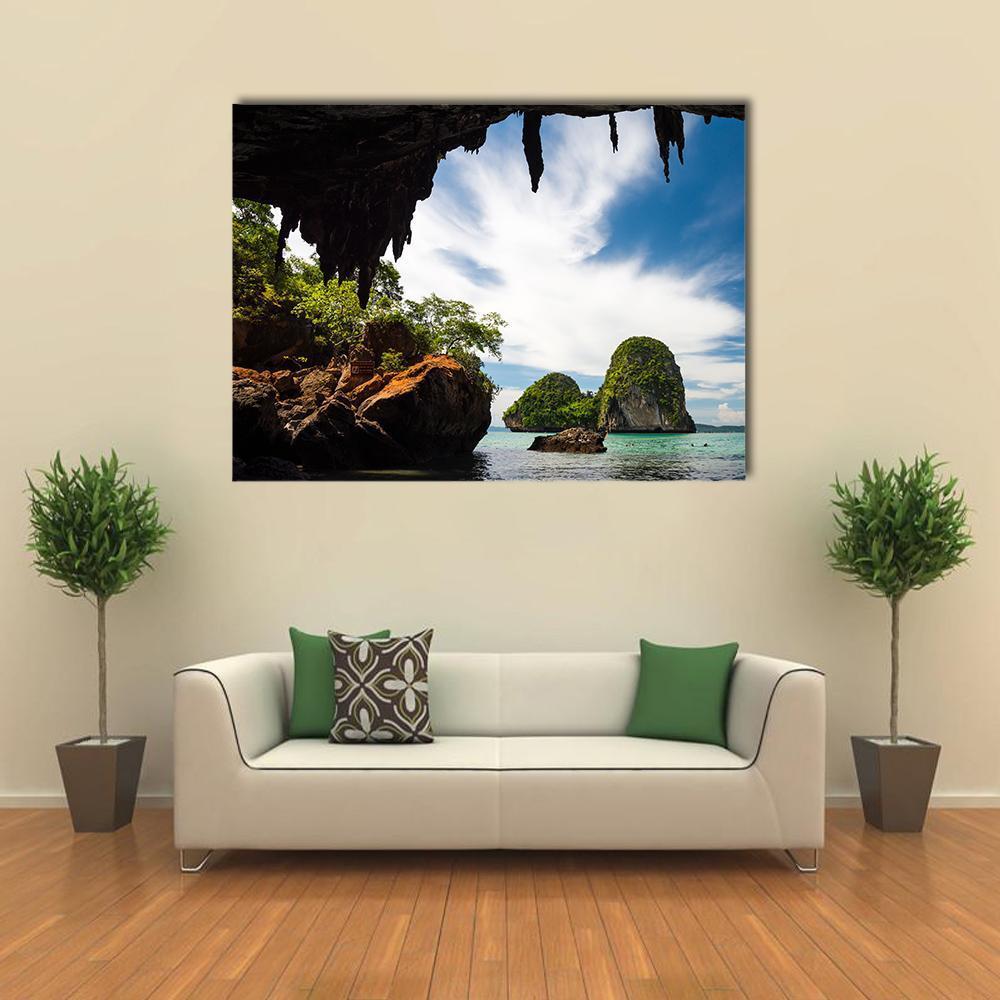 Phra Nang Cave Beach Canvas Wall Art in brown, green and blue, single panel hung on a wall