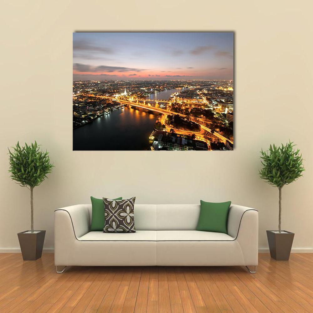 Memorial Bridge of Thailand Canvas Wall Art in black, orange and blue, single panel hung on a wall