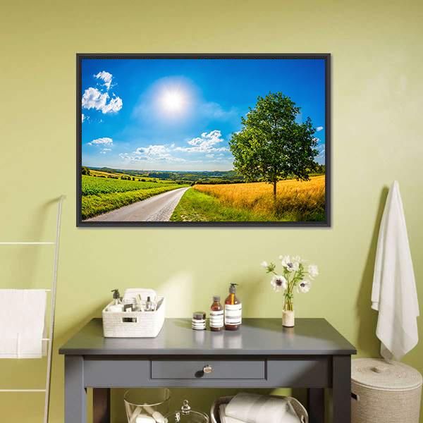 Phu Chi Fa Sunrise Cliff View Canvas Wall Art in orange, green and purple, framed canvas, product view on a white background