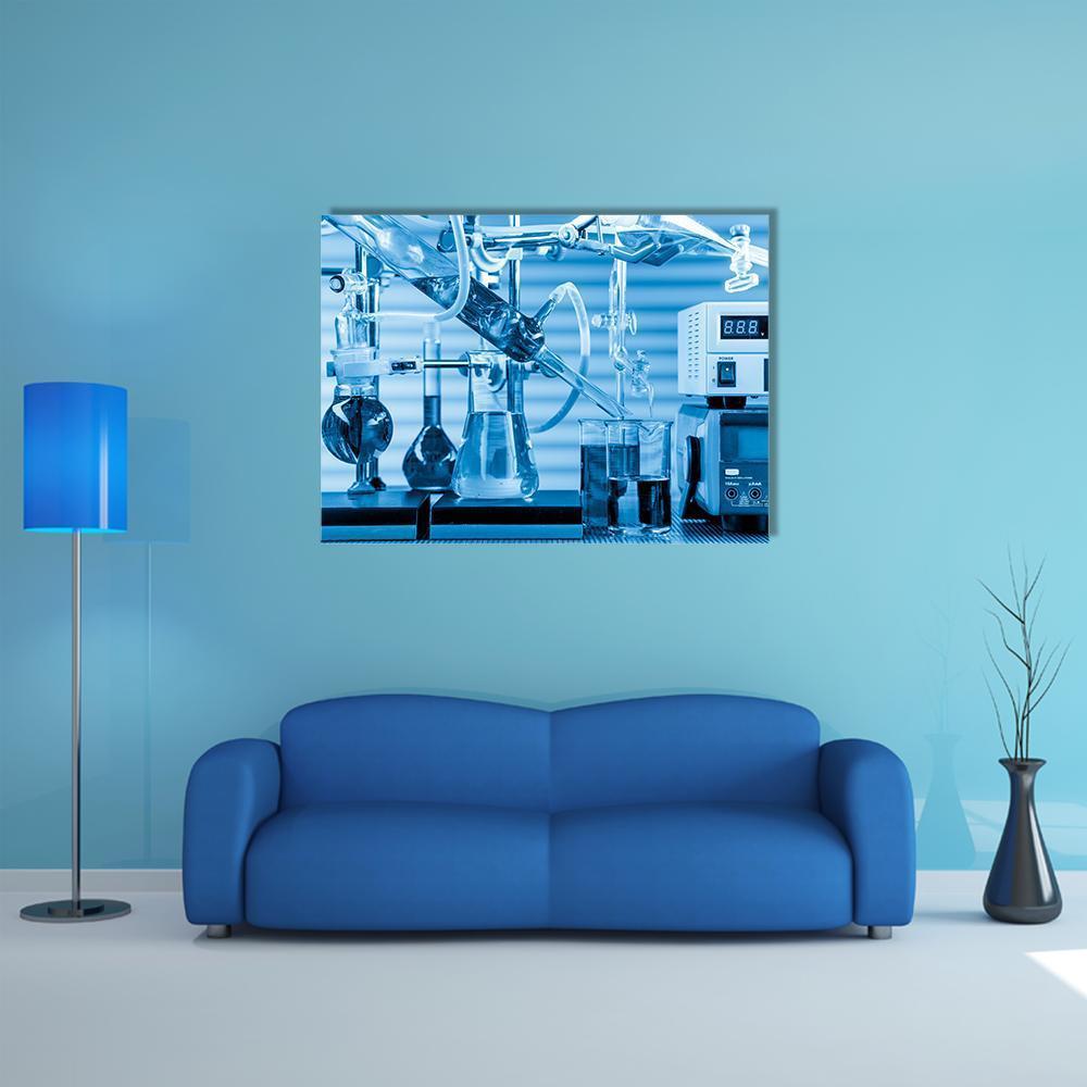 Physical Chemistry Lab Equipment Canvas Wall Art in white and blue, single panel hung on a wall