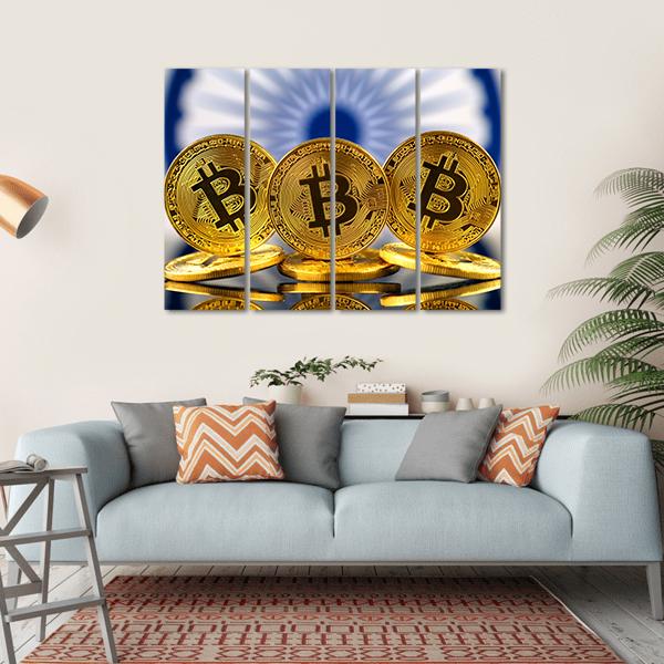 Three Golden Bitcoin Coins with Indian Flag Canvas Wall Art in white, gold and blue, single panel hung on a wall