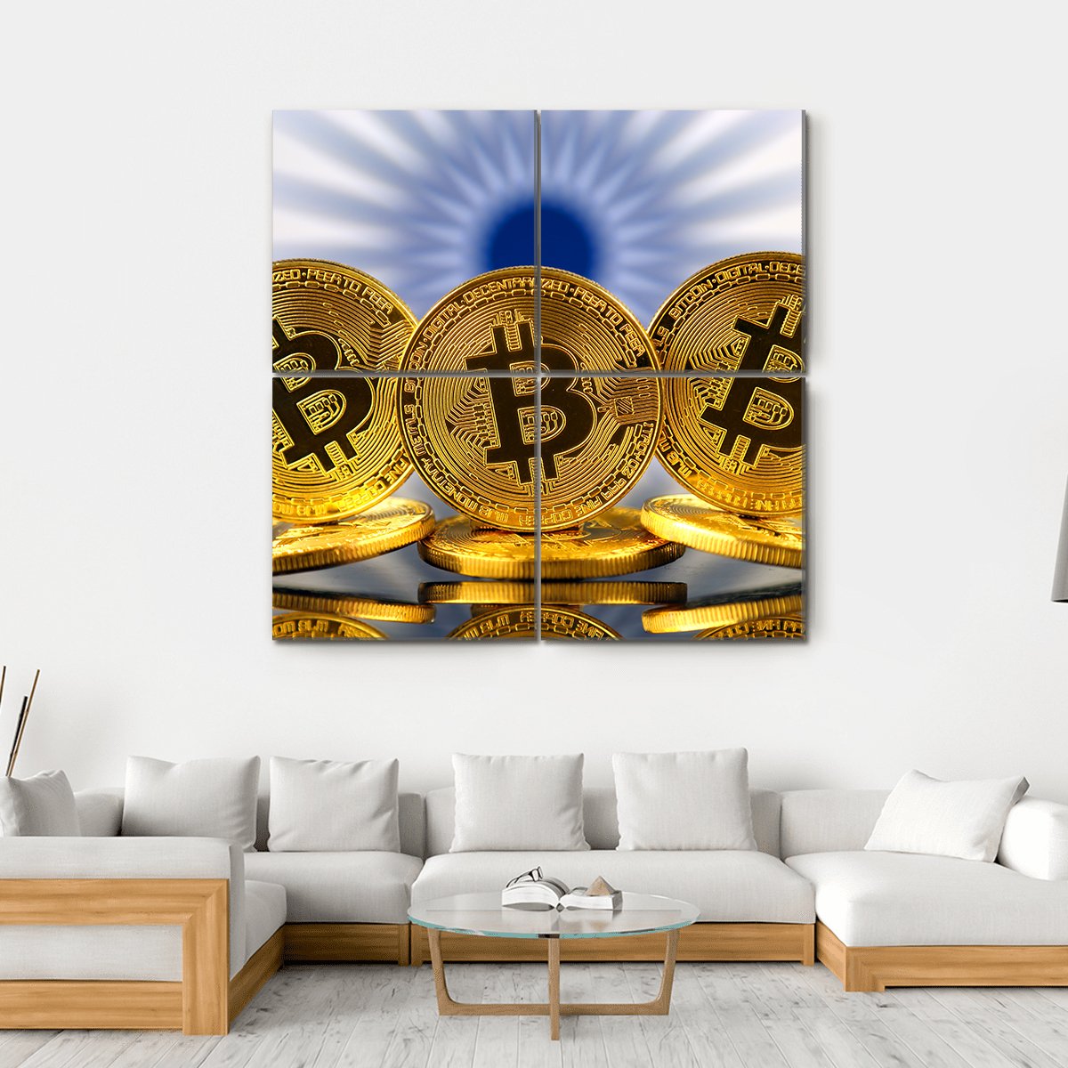 Three Golden Bitcoin Coins with Indian Flag Canvas Wall Art in white, gold and blue, single panel hung on a wall