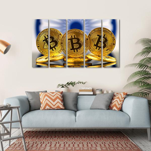 Three Golden Bitcoin Coins with Indian Flag Canvas Wall Art in white, gold and blue, single panel hung on a wall
