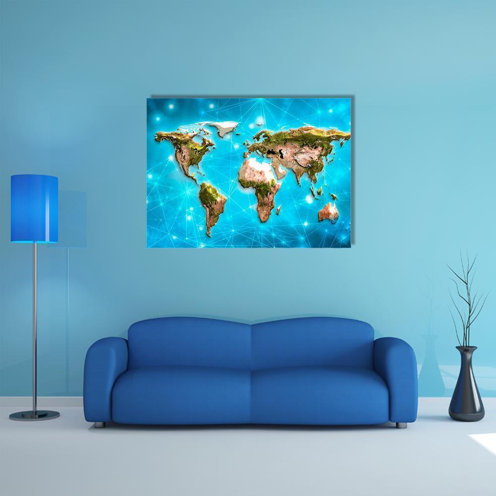 3d Physical World Map with Network Lines Canvas Wall Art in brown, green and blue, single panel hung on a wall