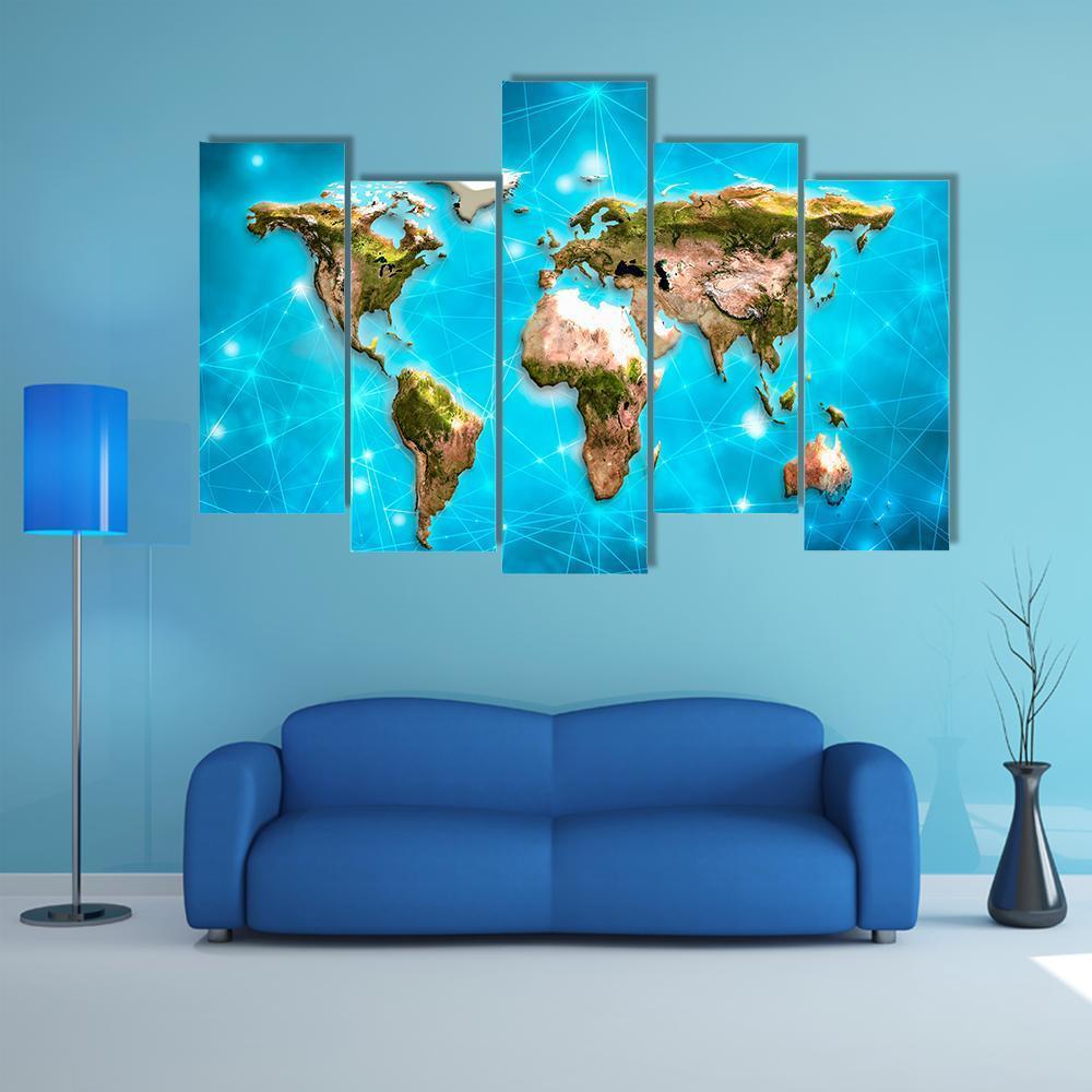Physical World Map Illustration Canvas Wall Art-5 Pop-Gallery Wrap-47" x 32"-Tiaracle