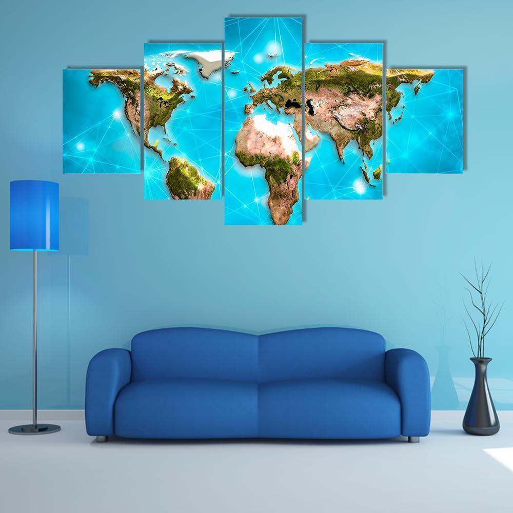 Physical World Map Illustration Canvas Wall Art-5 Star-Gallery Wrap-62" x 32"-Tiaracle