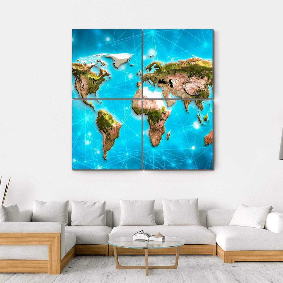 Physical World Map Illustration Canvas Wall Art in brown, green and blue, hung on a wall