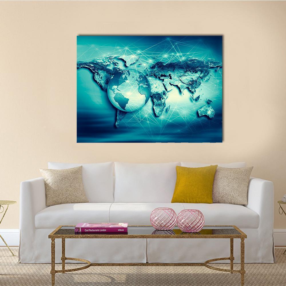 Physical World Map with Glowing Network Canvas Wall Art in white and blue, single panel hung on a wall