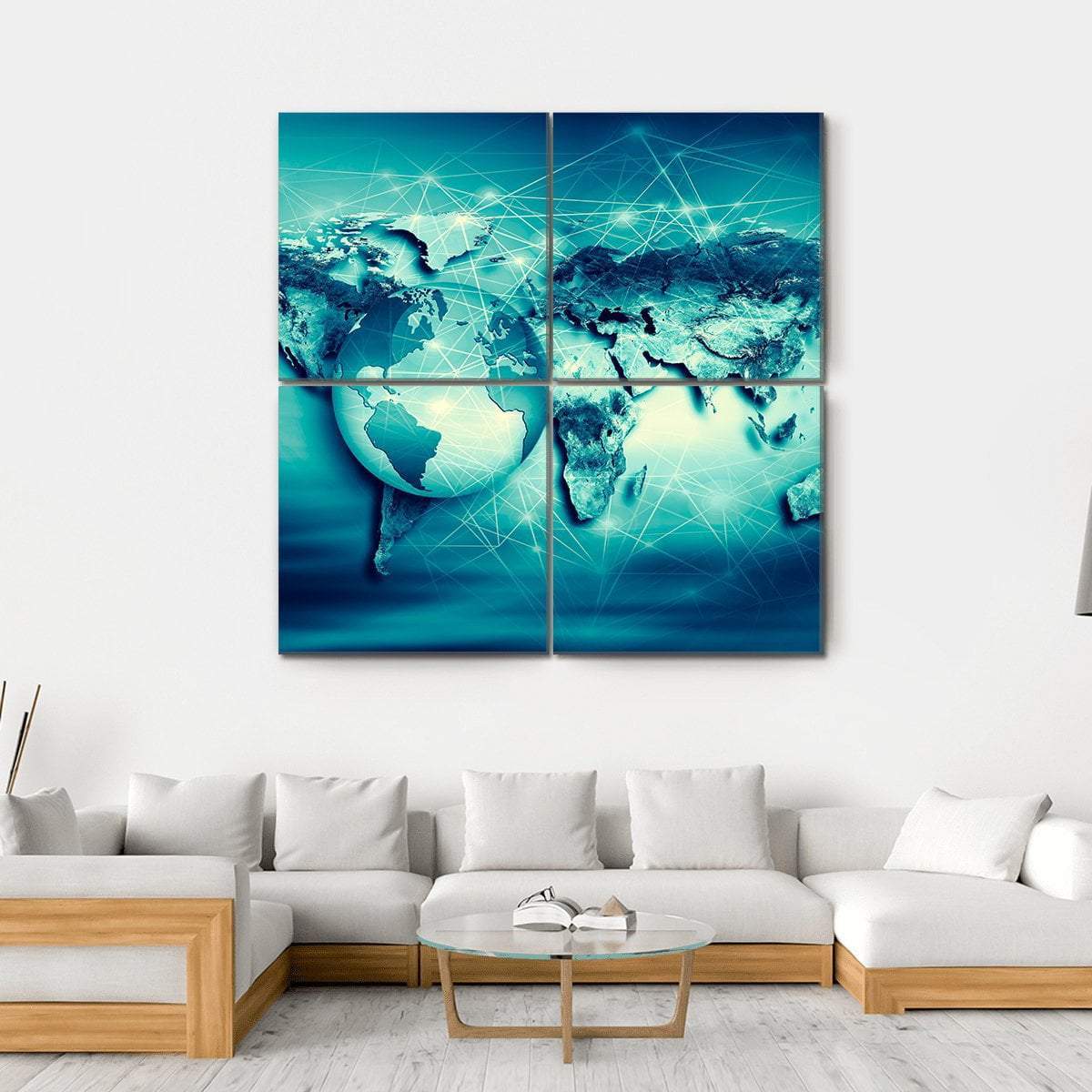 Connected World Map with Translucent Globe Canvas Wall Art in white, blue and navy, hung on a wall