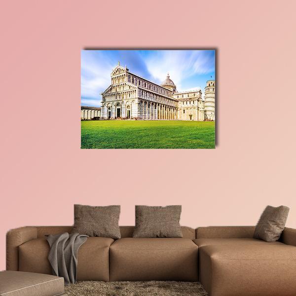Piazza Dei Miracoli with Leaning Tower of Pisa Canvas Wall Art in gray, green and blue, single panel hung on a wall