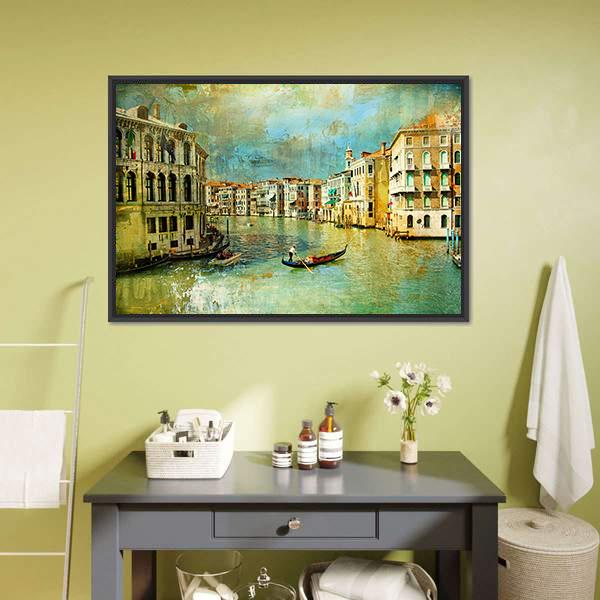 Venice Canal Gondola Painting Canvas Wall Art in yellow, green and blue, framed canvas, product view on a white background