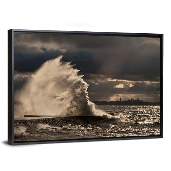 Pier In Stormy Weather Canvas Wall Art-3 Horizontal-Gallery Wrap-25" x 16"-Tiaracle