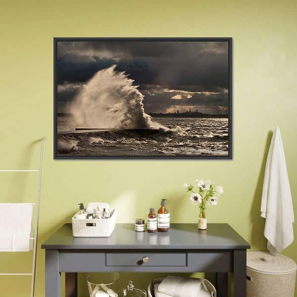 Pier In Stormy Weather Canvas Wall Art-1 Piece-Floating Frame-24" x 16"-Tiaracle