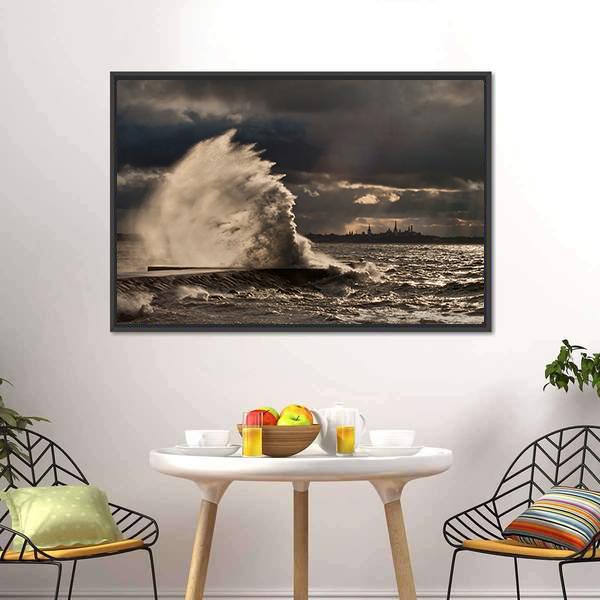 Pier In Stormy Weather Canvas Wall Art-3 Horizontal-Gallery Wrap-25" x 16"-Tiaracle