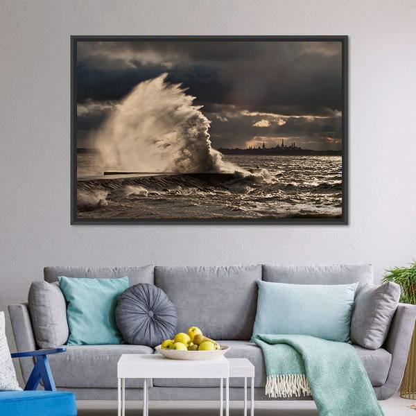 Pier In Stormy Weather Canvas Wall Art-3 Horizontal-Gallery Wrap-25" x 16"-Tiaracle