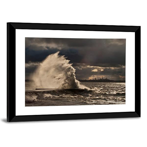 Pier In Stormy Weather Canvas Wall Art-3 Horizontal-Gallery Wrap-25" x 16"-Tiaracle