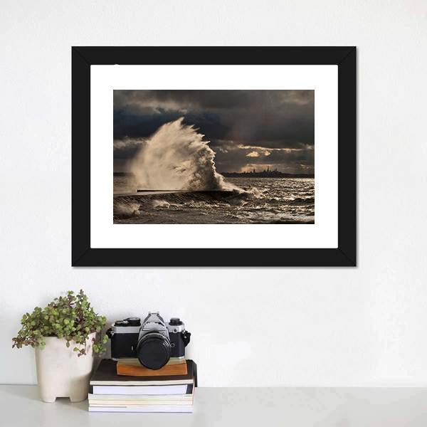 Pier In Stormy Weather Canvas Wall Art-1 Piece-Framed Print-20" x 16"-Tiaracle