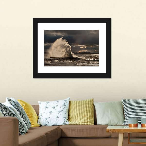 Pier In Stormy Weather Canvas Wall Art-3 Horizontal-Gallery Wrap-25" x 16"-Tiaracle