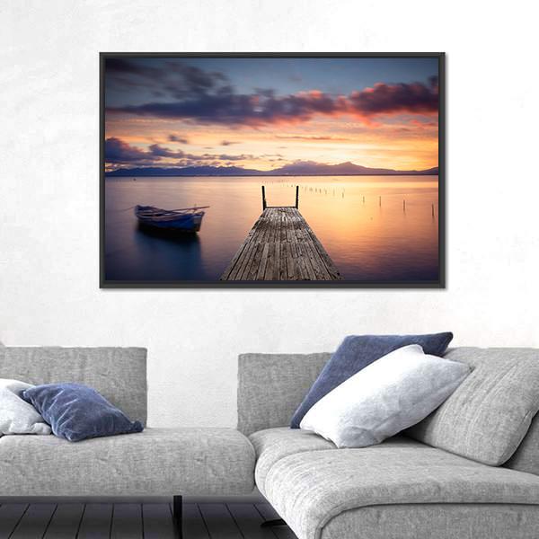 Pier With Fishing Vessels At Sunset Panoramic Canvas Wall Art-1 Piece-36" x 12"-Tiaracle