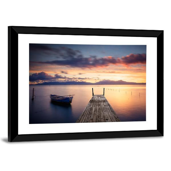 Pier With Fishing Vessels At Sunset Panoramic Canvas Wall Art-1 Piece-36" x 12"-Tiaracle