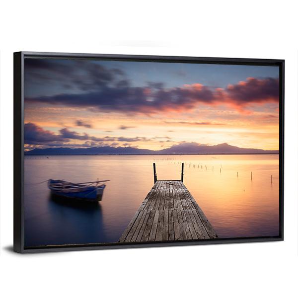 Pier With Fishing Vessels At Sunset Panoramic Canvas Wall Art-1 Piece-36" x 12"-Tiaracle