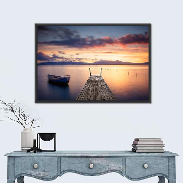 Pier With Fishing Vessels At Sunset Panoramic Canvas Wall Art-1 Piece-36" x 12"-Tiaracle