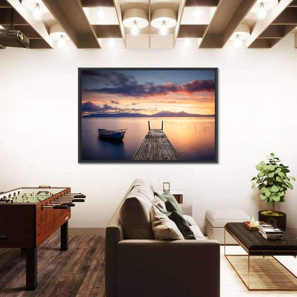 Pier With Fishing Vessels At Sunset Panoramic Canvas Wall Art-1 Piece-36" x 12"-Tiaracle