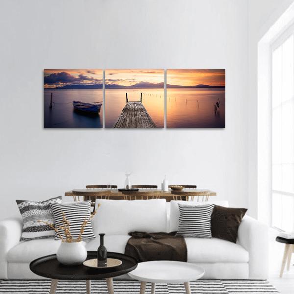 Pier With Fishing Vessels At Sunset Panoramic Canvas Wall Art-3 Piece-25" x 08"-Tiaracle