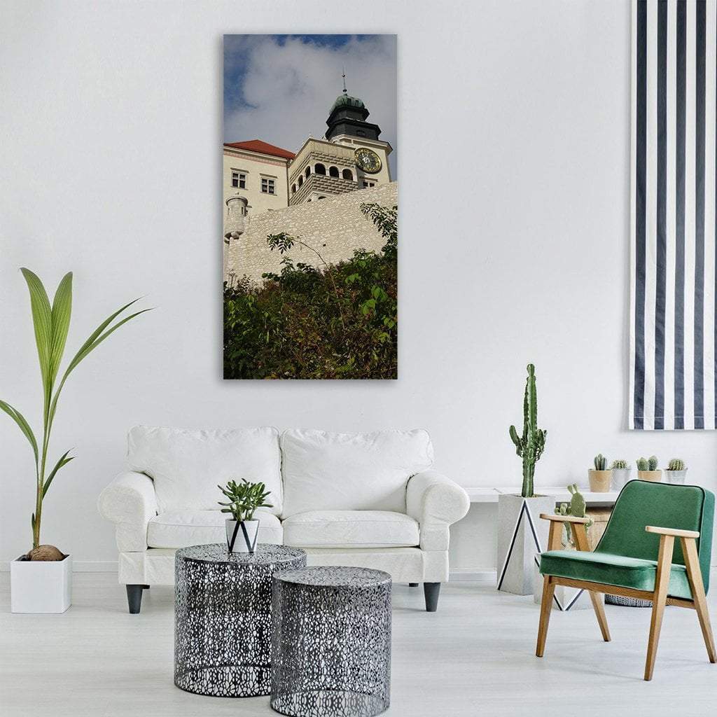 Pieskowa Skala Castle, Poland Vertical Canvas Wall Art in beige, green and blue, single vertical panel hung on a wall