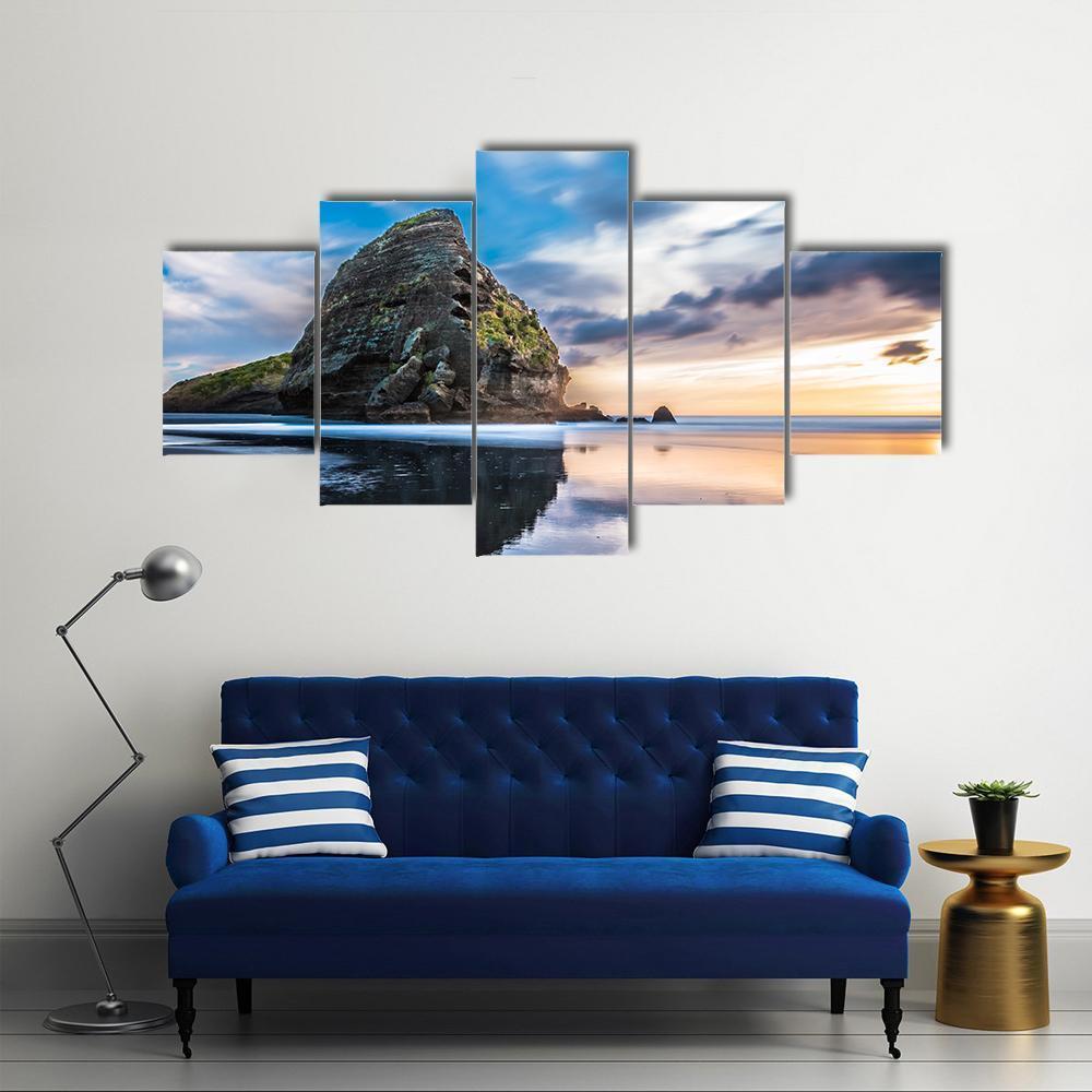 Piha Beach At Sunset In Auckland Canvas Wall Art-5 Star-Gallery Wrap-62" x 32"-Tiaracle