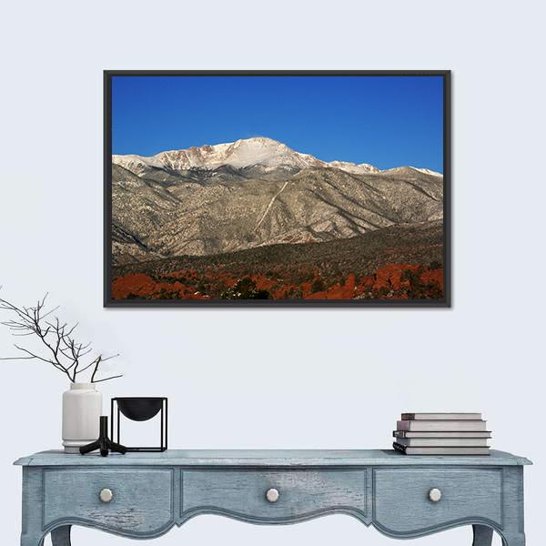 Pikes Peak In Colorado Under Blue Sky Canvas Wall Art-1 Piece-Floating Frame-24" x 16"-Tiaracle