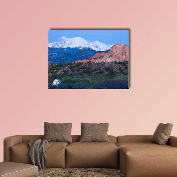 Pikes Peak Mountain Landscape Canvas Wall Art in white, red and blue, single panel hung on a wall