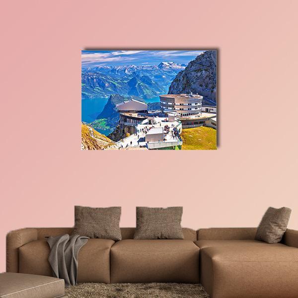 Pilatus Kulm Peak Over Lake Lucerne Canvas Wall Art in gray, green and blue, single panel hung on a wall