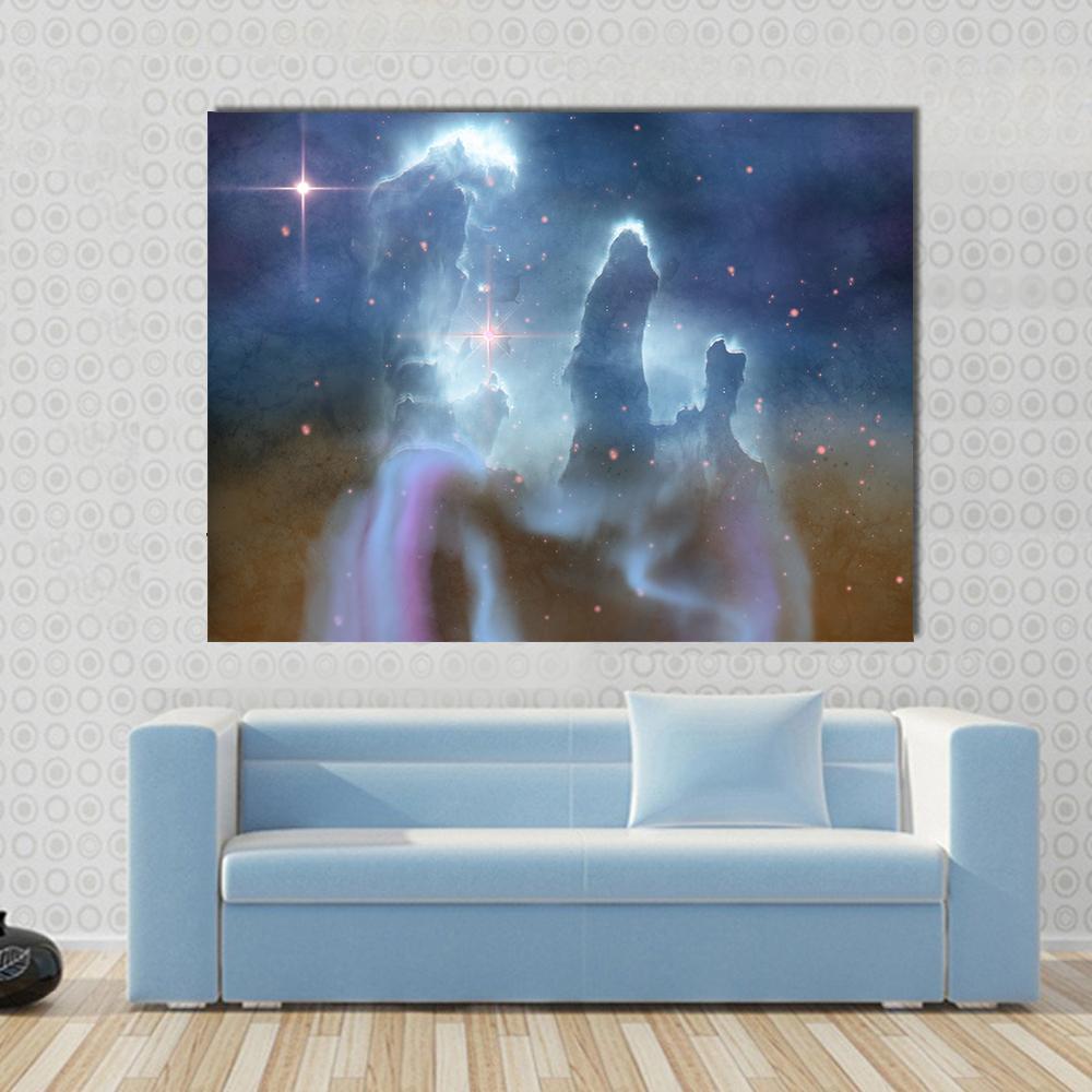 Pillars of Creation Canvas Wall Art in brown, blue and purple, single panel hung on a wall