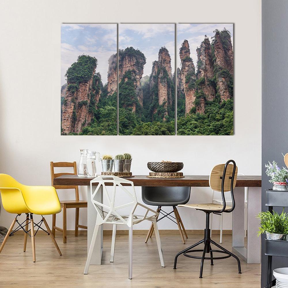 Pillars Of Zhangjiajie Under Cloudy Sky Canvas Wall Art-3 Horizontal-Gallery Wrap-37" x 24"-Tiaracle