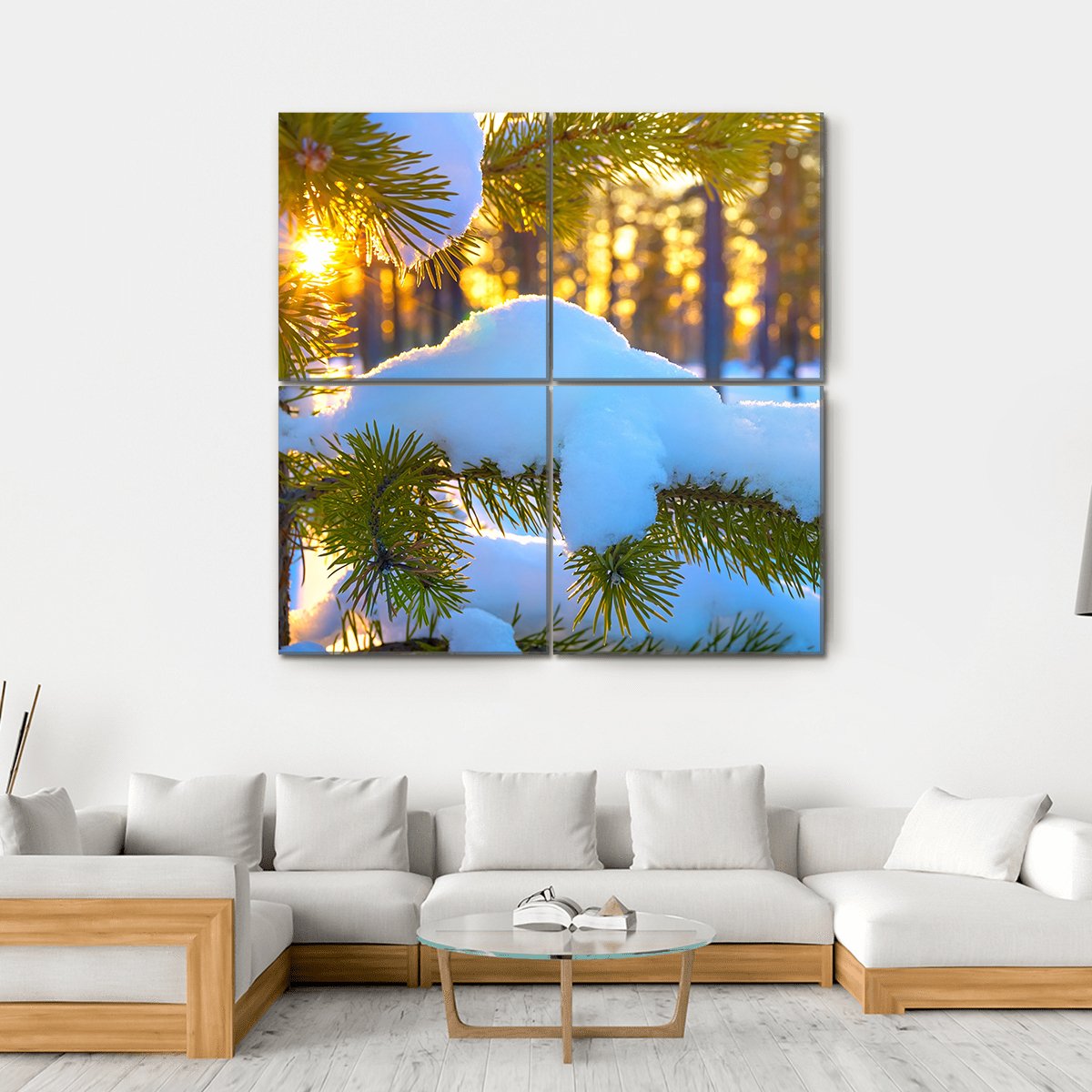 Pine Branch In Snow Winter Sunset In The Forest Canvas Wall Art-4 Square-Gallery Wrap-17" x 17"-Tiaracle