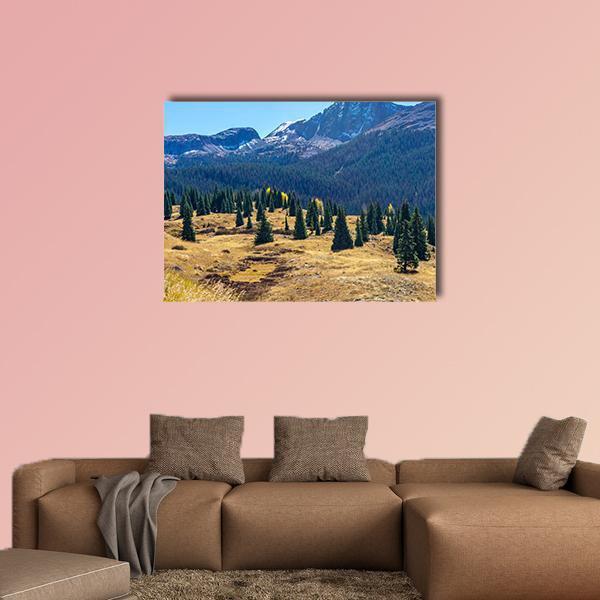 Pine Forest And Mountains Canvas Wall Art-4 Pop-Gallery Wrap-50" x 32"-Tiaracle