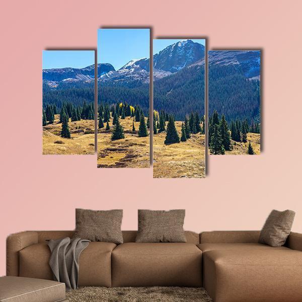Pine Forest And Mountains Canvas Wall Art-4 Pop-Gallery Wrap-50" x 32"-Tiaracle