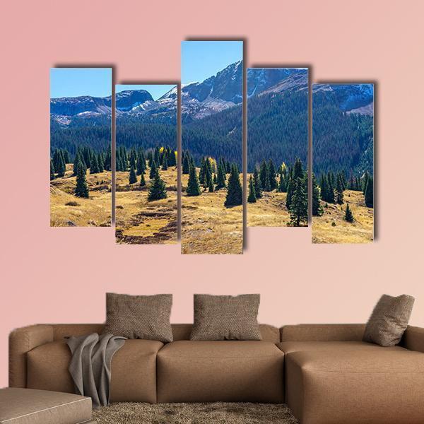 Pine Forest And Mountains Canvas Wall Art-5 Pop-Gallery Wrap-47" x 32"-Tiaracle