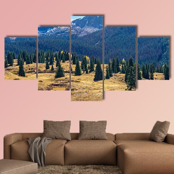 Pine Forest And Mountains Canvas Wall Art-5 Star-Gallery Wrap-62" x 32"-Tiaracle