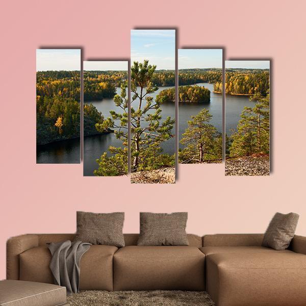 Pine Tree Autumn Lake Landscape Canvas Wall Art-5 Pop-Gallery Wrap-47" x 32"-Tiaracle