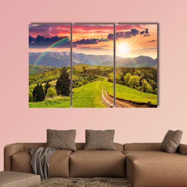 Pine Trees By The Road Through Meadow On Hillside Canvas Wall Art-3 Horizontal-Gallery Wrap-37" x 24"-Tiaracle