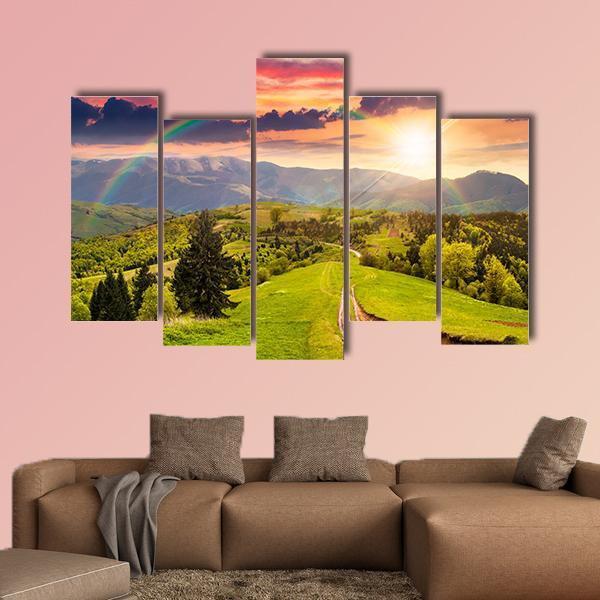 Pine Trees By The Road Through Meadow On Hillside Canvas Wall Art-5 Pop-Gallery Wrap-47" x 32"-Tiaracle