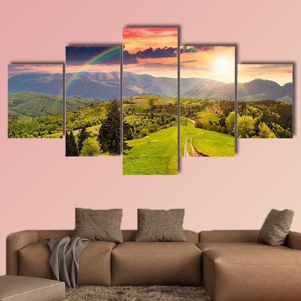 Pine Trees By The Road Through Meadow On Hillside Canvas Wall Art-5 Star-Gallery Wrap-62" x 32"-Tiaracle