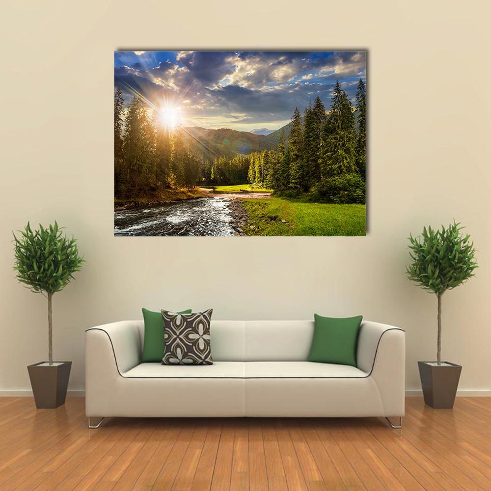 Pine Trees In Mountains And A River Canvas Wall Art-1 Piece-Gallery Wrap-36" x 24"-Tiaracle