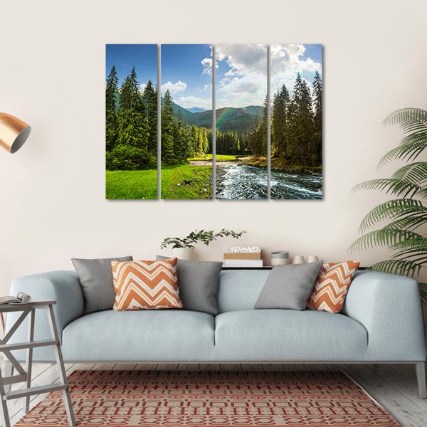 Pine Trees In Mountains And A River Canvas Wall Art-4 Horizontal-Gallery Wrap-34" x 24"-Tiaracle